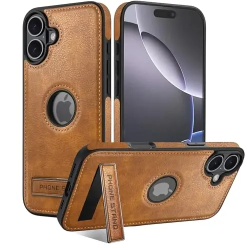 KSELF iPhone 17 Kılıf için Deri Kılıf, Destek Çubuklu Koruyucu İnce Darbeye Dayanıklı Telefon Kılıfları, iPhone 17 6.3'' ile Uyumlu Dahili Görünmez Stand (Kahverengi) - 1