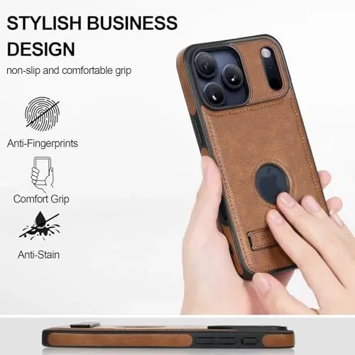 KSELF iPhone 17 Pro Max uchun charm g‘ilof, tirgakli himoyalovchi yupqa zarbaga chidamli telefon g‘ilofi, iPhone 17 Pro Max 6.9'' bilan mos keluvchi o‘rnatilgan ko‘rinmas tirgak (Jigarrang) - KSELF (1)