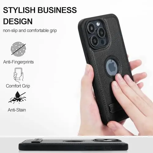KSELF Кожаный чехол для iPhone 14 Pro, защитный тонкий чехол с подставкой, противоударный чехол для телефона, встроенная невидимая подставка, совместимая с iPhone 14 Pro 6.1'' (черный, для iPhone 14 Pro) - 3
