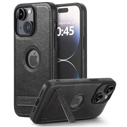 KSELF Кожаный чехол для iPhone 15 Plus, тонкий гибкий мягкий роскошный чехол, защитный тонкий противоударный чехол с подставкой, совместимый с iPhone 15 Plus 6,7'', черный - 1