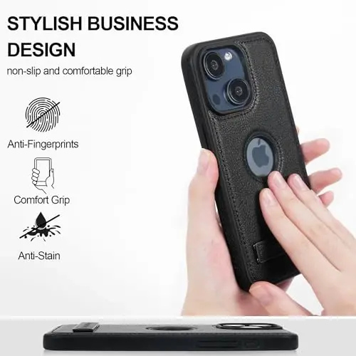 KSELF Кожаный чехол для iPhone 15 Plus, тонкий гибкий мягкий роскошный чехол, защитный тонкий противоударный чехол с подставкой, совместимый с iPhone 15 Plus 6,7'', черный - 3