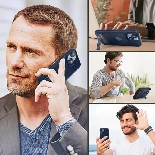 KSELF Кожаный чехол для iPhone 15, тонкий гибкий мягкий роскошный чехол, защитный тонкий чехол с подставкой, противоударный чехол для телефона, совместимый с iPhone 15 (синий, для iPhone 15) - 6