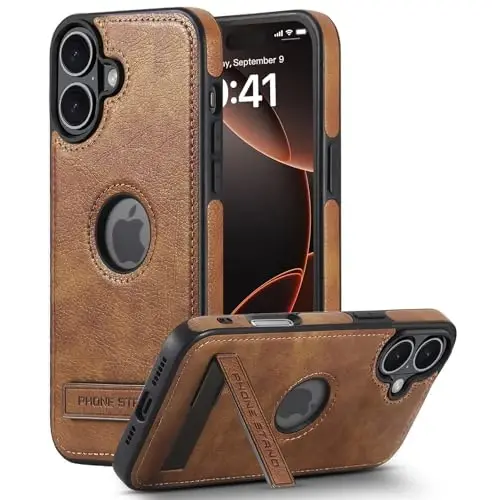 KSELF кожаный чехол для iPhone 16 Plus, защитный тонкий чехол с подставкой, противоударные чехлы для телефонов, встроенная невидимая подставка, совместимая с iPhone 16 Plus 6.7'' (коричневый, для iPhone 16 Plus) 
