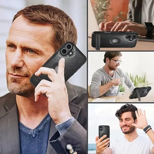 KSELF Кожаный чехол для iPhone 16 Plus, защитный тонкий противоударный чехол с подставкой, встроенная невидимая подставка, совместим с iPhone 16 Plus 6.7'' (черный, для iPhone 16 Plus) 