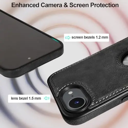 KSELF кожаный чехол для iPhone 16e, защитный тонкий противоударный чехол с подставкой, встроенная невидимая подставка, совместимая с iPhone 16e 6.1'', черный - 4