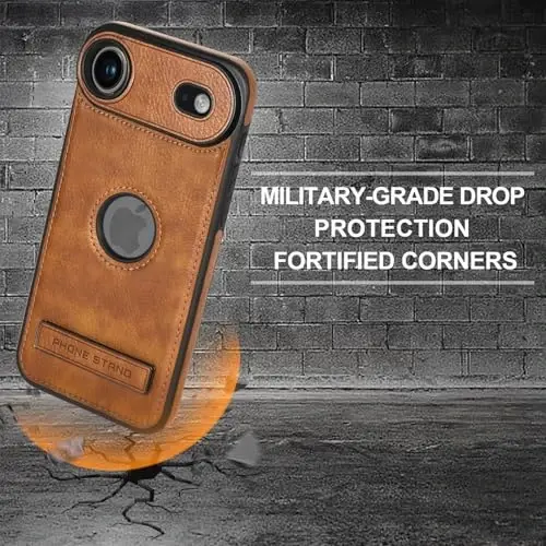 KSELF Кожаный чехол для iPhone 17 Air, тонкий защитный чехол с подставкой, ударопрочный, со встроенной невидимой подставкой, совместим с iPhone 17 Air 6.6'' (коричневый) - 4