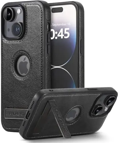 KSELF Leather Case for iPhone 13/14 Case, Protective Slim with Kickstand Shockproof Phone Cases, Built-in Invisible Stand Compatible with iPhone 13/14 6.1'' (Black, for iPhone 13/14) 