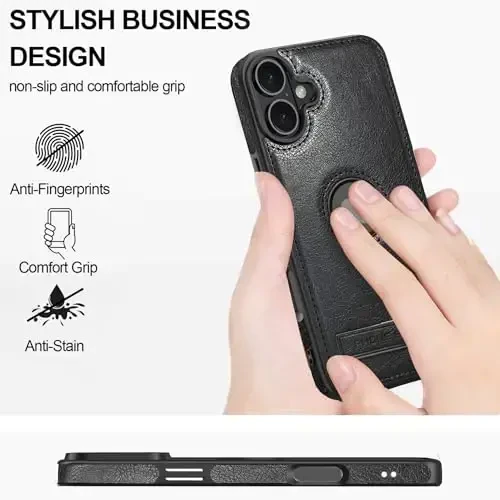 KSELF Leather Case for iPhone 16 Case, Protective Slim with Kickstand Shockproof Phone Cases, Built-in Invisible Stand Compatible with iPhone 16 6.1'' (Black, for iPhone 16) - 3