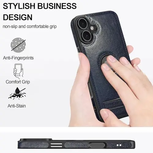 KSELF Leather Case for iPhone 16 Case, Protective Slim with Kickstand Shockproof Phone Cases, Built-in Invisible Stand Compatible with iPhone 16 6.1'' (Blue, for iPhone 16) - 3