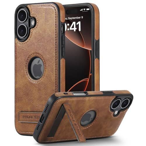 KSELF Leather Case for iPhone 16 Case, Protective Slim with Kickstand Shockproof Phone Cases, Built-in Invisible Stand Compatible with iPhone 16 6.1'' (Brown, for iPhone 16) - 1