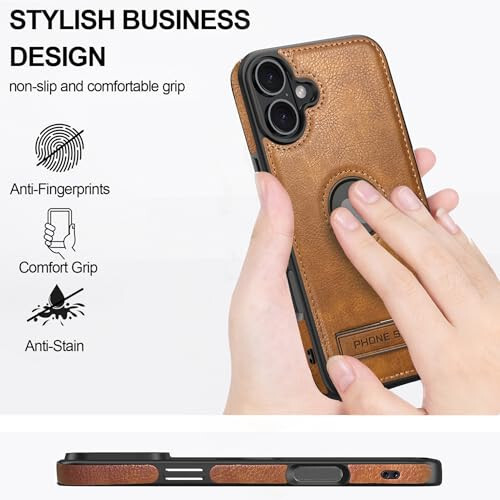 KSELF Leather Case for iPhone 16 Case, Protective Slim with Kickstand Shockproof Phone Cases, Built-in Invisible Stand Compatible with iPhone 16 6.1'' (Brown, for iPhone 16) - 2