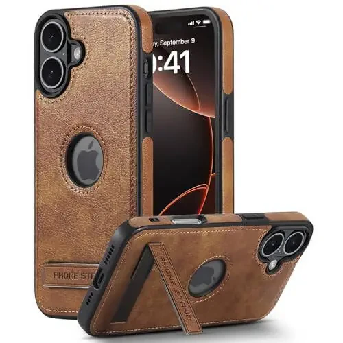 KSELF Leather Case for iPhone 16 Case, Protective Slim with Kickstand Shockproof Phone Cases, Built-in Invisible Stand Compatible with iPhone 16 6.1'' (Brown, for iPhone 16) - 2