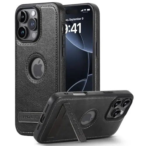 KSELF Leather Case for iPhone 16 Pro Max Case, Protective Slim with Kickstand Shockproof Phone Cases, Built-in Invisible Stand Compatible with iPhone 16 Pro Max 6.9'' (Black, for iPhone 16 Pro Max) - KSELF