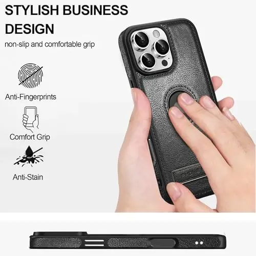 KSELF Leather Case for iPhone 16 Pro Max Case, Protective Slim with Kickstand Shockproof Phone Cases, Built-in Invisible Stand Compatible with iPhone 16 Pro Max 6.9'' (Black, for iPhone 16 Pro Max) - 3