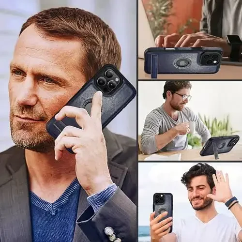 KSELF Leather Case for iPhone 16 Pro Max Case, Protective Slim with Kickstand Shockproof Phone Cases, Built-in Invisible Stand Compatible with iPhone 16 Pro Max 6.9'' (Blue, for iPhone 16 Pro Max) - 6