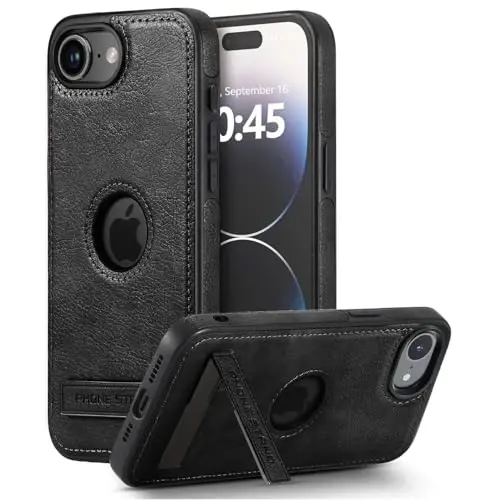 KSELF Leather Case for iPhone 16e Case, Protective Slim with Kickstand Shockproof Phone Cases, Built-in Invisible Stand Compatible with iPhone 16e 6.1'', Black 