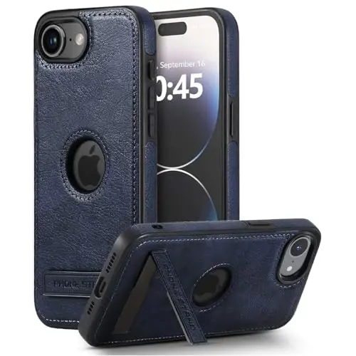 KSELF Leather Case for iPhone 16e Case, Protective Slim with Kickstand Shockproof Phone Cases, Built-in Invisible Stand Compatible with iPhone 16e 6.1'', Blue - 1
