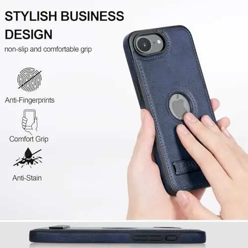 KSELF Leather Case for iPhone 16e Case, Protective Slim with Kickstand Shockproof Phone Cases, Built-in Invisible Stand Compatible with iPhone 16e 6.1'', Blue - 3