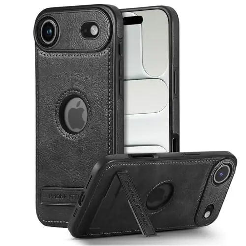 KSELF Leather Case for iPhone 17 Air Case, Protective Slim with Kickstand Shockproof Phone Cases, Built-in Invisible Stand Compatible with iPhone 17 Air 6.6'' (Black) - KSELF