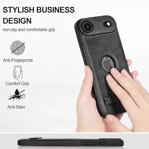 KSELF Leather Case for iPhone 17 Air Case, Protective Slim with Kickstand Shockproof Phone Cases, Built-in Invisible Stand Compatible with iPhone 17 Air 6.6'' (Black) - 2