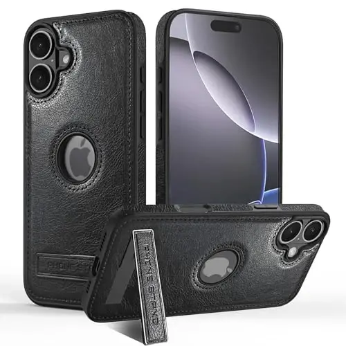 KSELF Leather Case for iPhone 17 Case, Protective Slim with Kickstand Shockproof Phone Cases, Built-in Invisible Stand Compatible with iPhone 17 6.3'' (Black) - KSELF