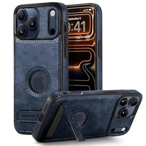 KSELF Leather Case for iPhone 17 Pro Case, Protective Slim with Kickstand Shockproof Phone Cases, Built-in Invisible Stand Compatible with iPhone 17 Pro 6.3'' (Blue) - KSELF