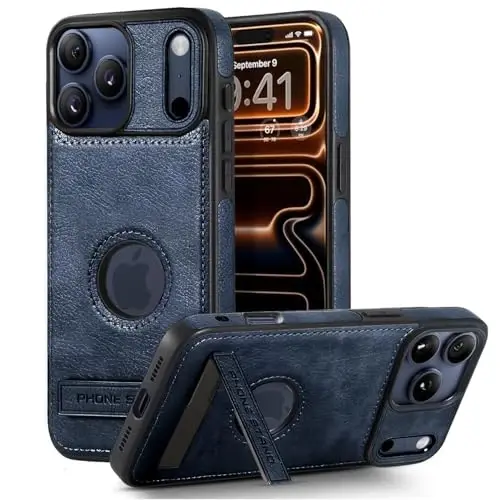 KSELF Leather Case for iPhone 17 Pro Case, Protective Slim with Kickstand Shockproof Phone Cases, Built-in Invisible Stand Compatible with iPhone 17 Pro 6.3'' (Blue) - KSELF