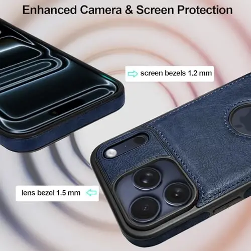 KSELF Leather Case for iPhone 17 Pro Case, Protective Slim with Kickstand Shockproof Phone Cases, Built-in Invisible Stand Compatible with iPhone 17 Pro 6.3'' (Blue) - 3