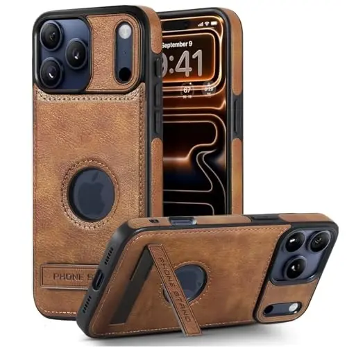 KSELF Leather Case for iPhone 17 Pro Case, Protective Slim with Kickstand Shockproof Phone Cases, Built-in Invisible Stand Compatible with iPhone 17 Pro 6.3'' (Brown) - 1