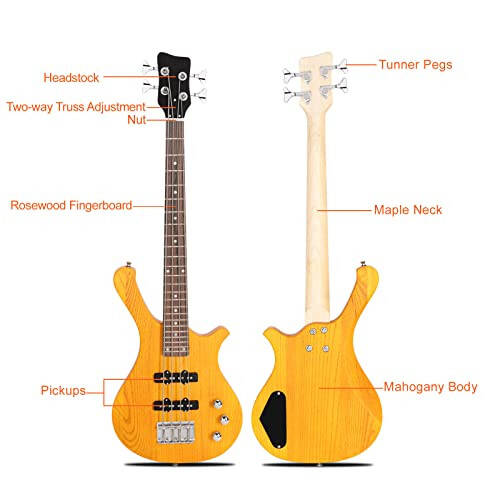 Ktaxon 4 String Electric Bass Guitar, 36-inch Bass Guitar Kit with Split single-coil Pickup, Rosewood Fretboard, Mahogany Body for Kids, Boy and Girl(Yellow) - 2