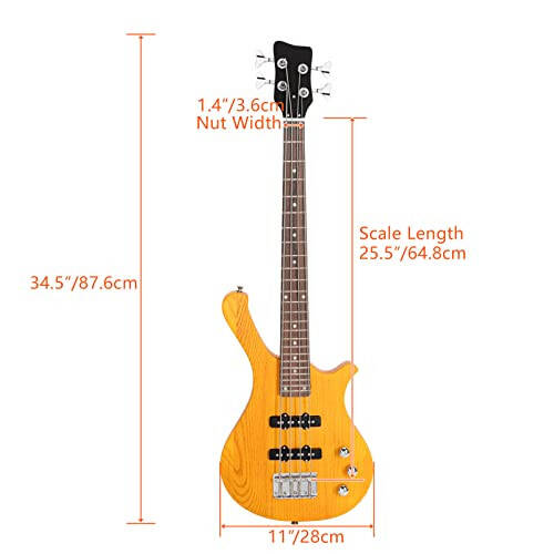 Ktaxon 4 String Electric Bass Guitar, 36-inch Bass Guitar Kit with Split single-coil Pickup, Rosewood Fretboard, Mahogany Body for Kids, Boy and Girl(Yellow) - 6