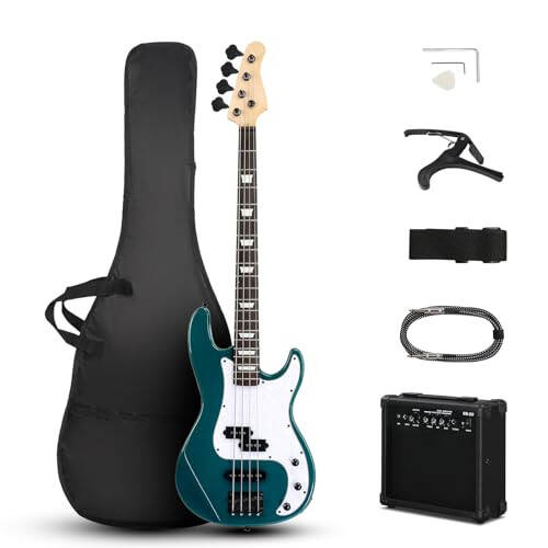 Ktaxon 4 Tel Elektrik Bas Gitar, PB Tarzı Tam Boy Standart Sağ El Kullanımı Yeni Başlayanlar Seti, 20W AMP, Gig Çantası, Kemer, Yükseltme Kablosu, Gitar Capo, Gençler ve Yetişkinler (Göl Mavisi) - 1