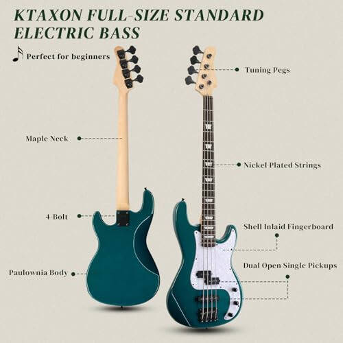 Ktaxon 4 Tel Elektrik Bas Gitar, PB Tarzı Tam Boy Standart Sağ El Kullanımı Yeni Başlayanlar Seti, 20W AMP, Gig Çantası, Kemer, Yükseltme Kablosu, Gitar Capo, Gençler ve Yetişkinler (Göl Mavisi) - 2