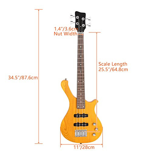 Ktaxon 4 Tel Elektrik Bas Gitar, Tekli bobinli Manyetik, Gül Ağacı Perdeli Sap, Çocuklar için Maun Gövde, Erkek ve Kız Çocuklar (Sarı) - 6