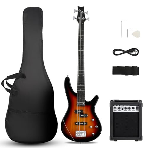 Ktaxon Electric Bass Guitar 4 String Bass Guitar with 20 Watt Amplifier, PJ Type Pickup, Naturally air-dried Maple Neck, Rosewood Fretboard, Basswood Body(Sunset) - 1