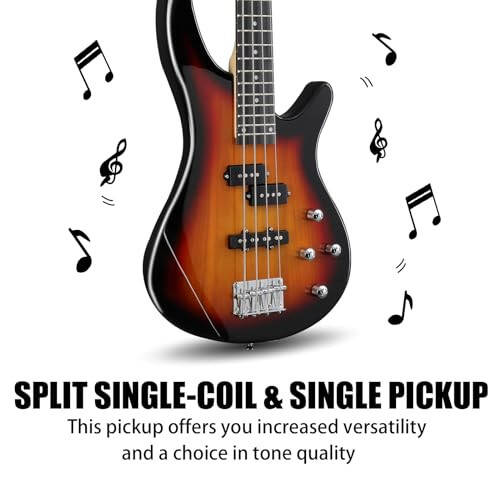 Ktaxon Electric Bass Guitar 4 String Bass Guitar with 20 Watt Amplifier, PJ Type Pickup, Naturally air-dried Maple Neck, Rosewood Fretboard, Basswood Body(Sunset) - 2