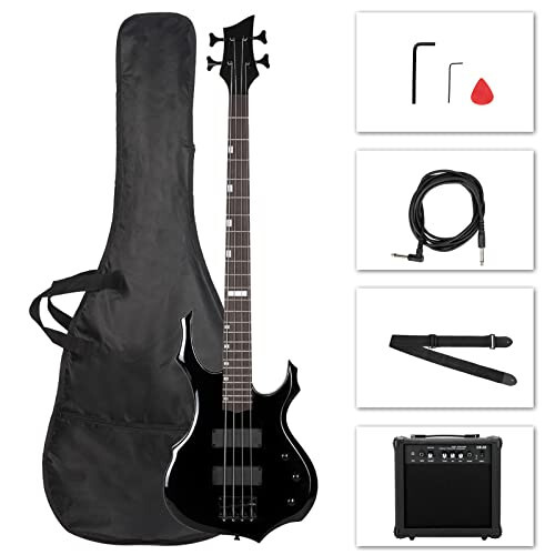 Ktaxon Electric Bass Guitar Full Size Flame Design Bass Set with 20 Watt Amplifier, Portable Bass Bag, Superior Amp Wire, Adjustable Guitar Strap, Plectrum, Wrench Tool(Black) - 1