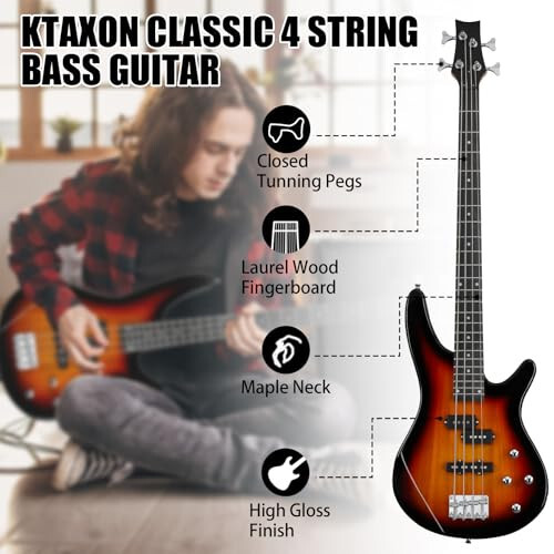 Ktaxon Elektrik Bas Gitar 4 Telli Bas Gitar 20 Watt Amfi, PJ Tipi Manyetik, Doğal Olarak Hava Kurutulmuş Akçaağaç Saplı, Gül Ağacı Perde Tahtalı, Bas Ağacı Gövdeli(Gün Batımı) - 7