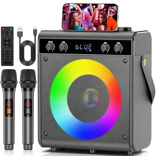 Ktrenv Karaoke Machine 2 ta simsiz mikrofon bilan, Kattalar bolalar uchun portativ Bluetooth dinamik Bass Treble Echo PA tizimi masofadan boshqaruv pulti bilan, LED yorug'lik, TF karta, USB, AUX in, TWS, FM, REC partiya uchun - 1
