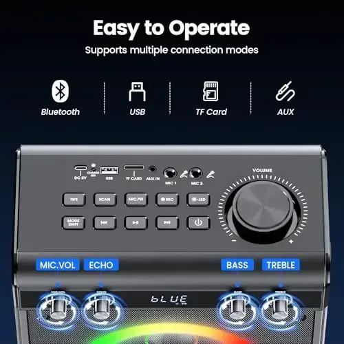 Ktrenv Karaoke Machine 2 ta simsiz mikrofon bilan, Kattalar bolalar uchun portativ Bluetooth dinamik Bass Treble Echo PA tizimi masofadan boshqaruv pulti bilan, LED yorug'lik, TF karta, USB, AUX in, TWS, FM, REC partiya uchun - 2