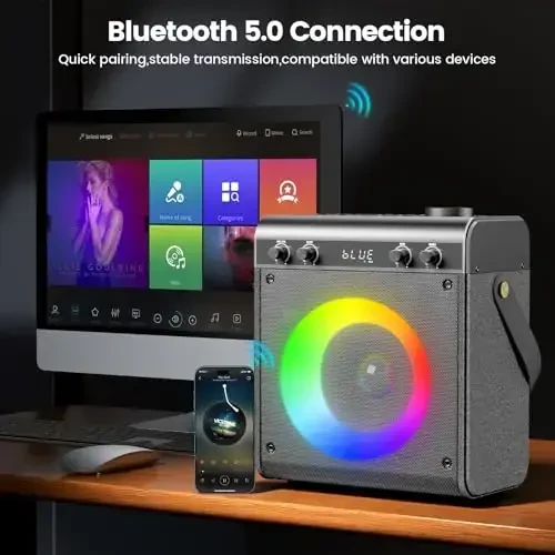 Ktrenv Karaoke Machine with 2 Wireless Microphones, Portable Bluetooth Speaker for Adults Kids with Bass Treble Echo PA System with Remote,LED Light, Supports TF Card,USB,AUX in,TWS,FM,REC for Party - 5