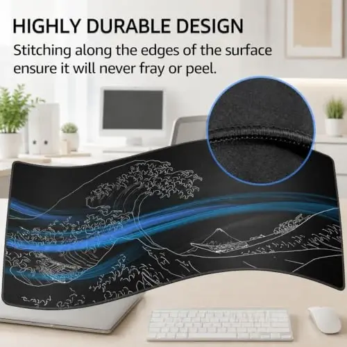KTRIO Large Gaming Mouse Pad, Desk Mat, 31.5 x 11.8 in, Kanagawa Wave, XL | Smooth Micro-Weave Surface, Artistic Pattern Design, Non-Slip Rubber Base, Durable Stitched Edges, Office & Home Use - 3