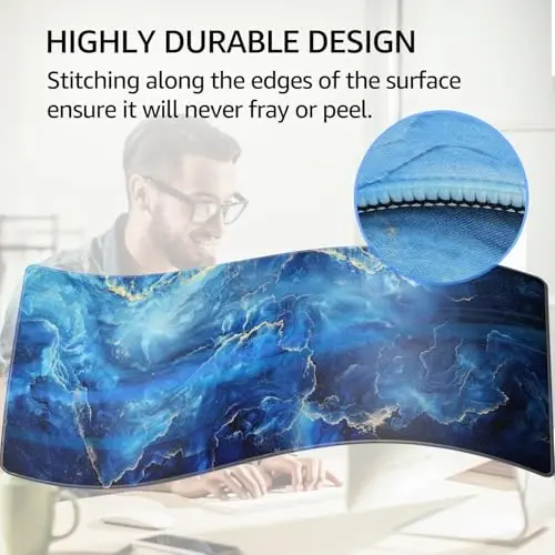 KTRIO Large Gaming Mouse Pad, Desk Mat, 31.5 x 11.8 in, Blue Marble, XL | Smooth Micro-Weave Surface, Artistic Pattern Design, Non-Slip Rubber Base, Durable Stitched Edges, Office & Home Use - 3