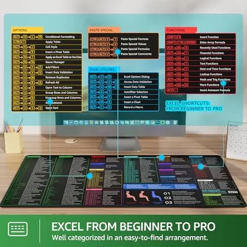 KTRIO Excel Shortcuts Mousepad with Superior Micro-Weave Cloth, Extended Mousepad with Stitched Edges, Non-Slip Base, Water Resist Keyboard Pad for Gamer, Office & Home, Excel Shortcuts - 3