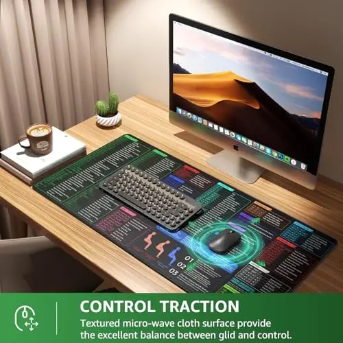 KTRIO Excel Shortcuts Mousepad with Superior Micro-Weave Cloth, Extended Mousepad with Stitched Edges, Non-Slip Base, Water Resist Keyboard Pad for Gamer, Office & Home, Excel Shortcuts - 6