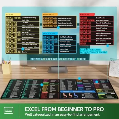 KTRIO Excel Shortcuts Mousepad, Desk Mat, 31.5 x 11.8 in, XL | Smooth Micro-Weave Surface, Shortcut Reference, Non-Slip Rubber Base, Durable Stitched Edges, Office & Home Use - 3