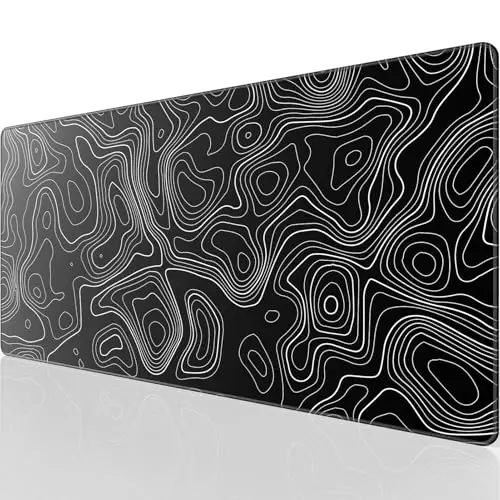 KTRIO Large Gaming Mouse Pad Desk Mat, Superior Micro-Weave Cloth, Non-Slip Rubber Base, Stitched Edges, Water-Resistant, for Gamer, Office & Home, 31.5 x 15.7 Inch，Black Topographic - KTRIO