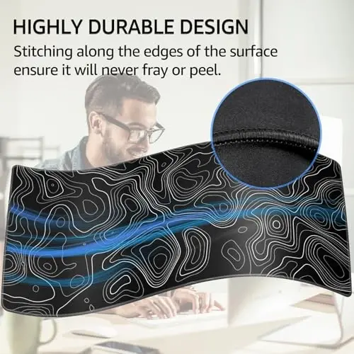 KTRIO Large Gaming Mouse Pad Desk Mat, Superior Micro-Weave Cloth, Non-Slip Rubber Base, Stitched Edges, Water-Resistant, for Gamer, Office & Home, 31.5 x 15.7 Inch，Black Topographic - 3