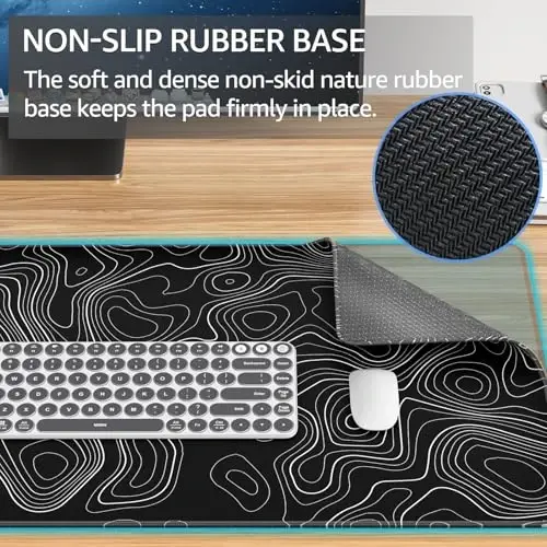 KTRIO Large Gaming Mouse Pad Desk Mat, Superior Micro-Weave Cloth, Non-Slip Rubber Base, Stitched Edges, Water-Resistant, for Gamer, Office & Home, 31.5 x 15.7 Inch，Black Topographic - 4