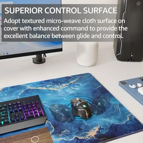 KTRIO Large Gaming Mouse Pad Desk Mat, Superior Micro-Weave Cloth, Non-Slip Rubber Base, Stitched Edges, Water-Resistant, for Gamer, Office & Home, 31.5 x 15.7 Inch，Blue Marble - 2